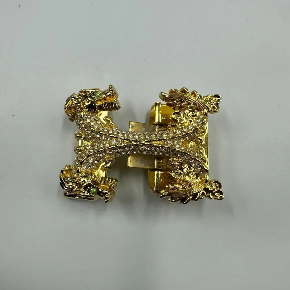 Double Dragon Rhinestone Ratchet Belt Buckle Gold Tone Automatic Slide
